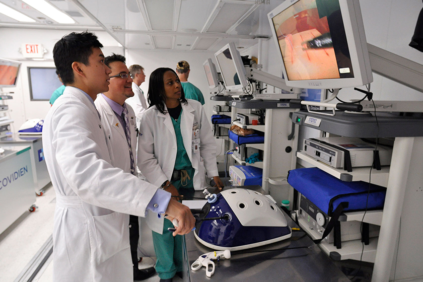 University of Florida surigal residents and fellows learn laparoscopic techniques.